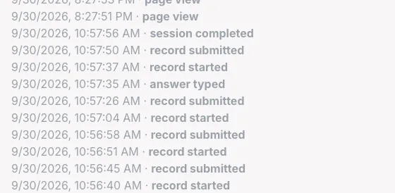 An activity log listing timestamped events such as page view, operator login, record started, record submitted and session completed