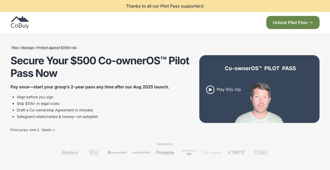The top of the campaign page, headed "Secure Your $500 Co-ownerOS Pilot Pass Now", with a thank-you banner to supporters and the campaign video