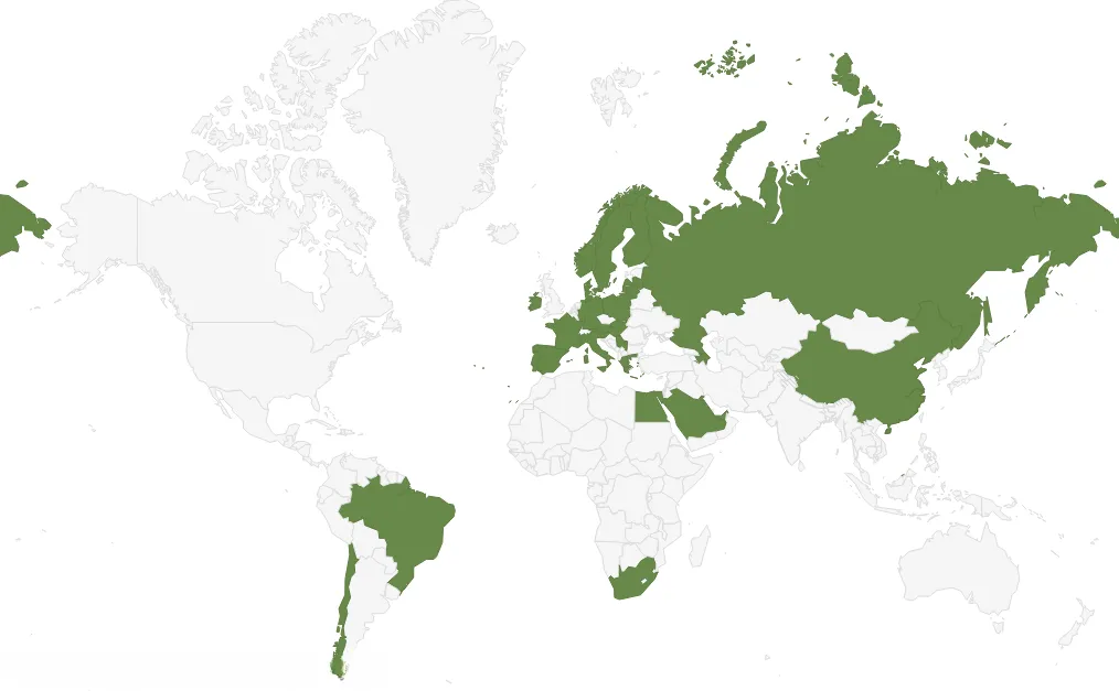 Map shading countries where Matt covered central banks and sovereign wealth funds: most of Europe, Russia, China, the Gulf, Egypt, South Africa, Brazil and Chile