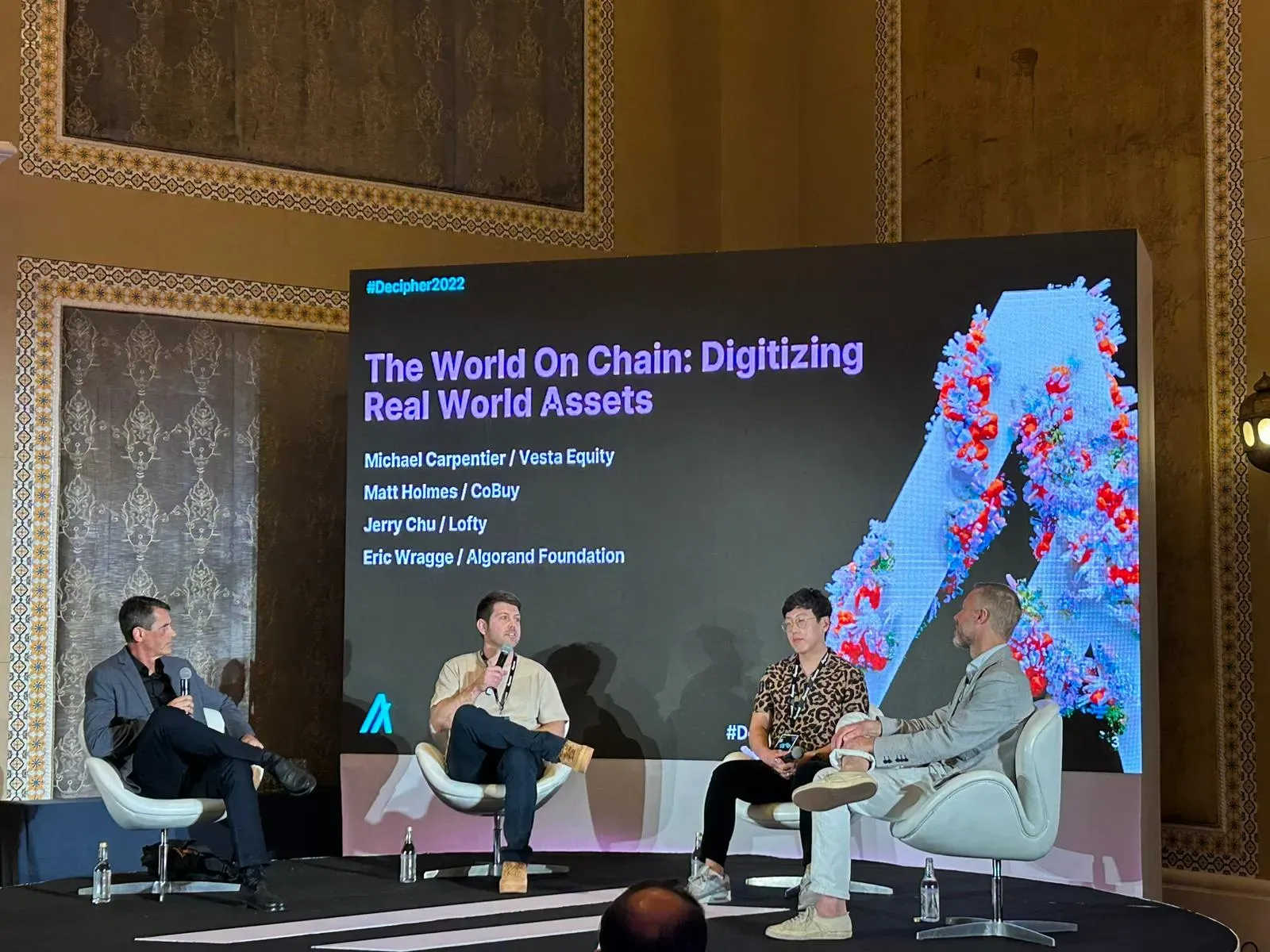 Matt Holmes on a panel at Decipher, Algorand’s global conference in Dubai, on digitizing real-world assets