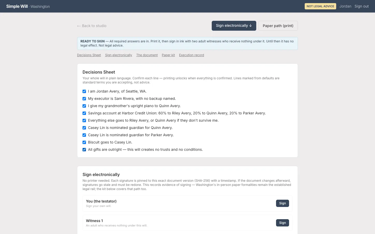A plain-language decisions sheet with nine confirmed lines, above the signing panel