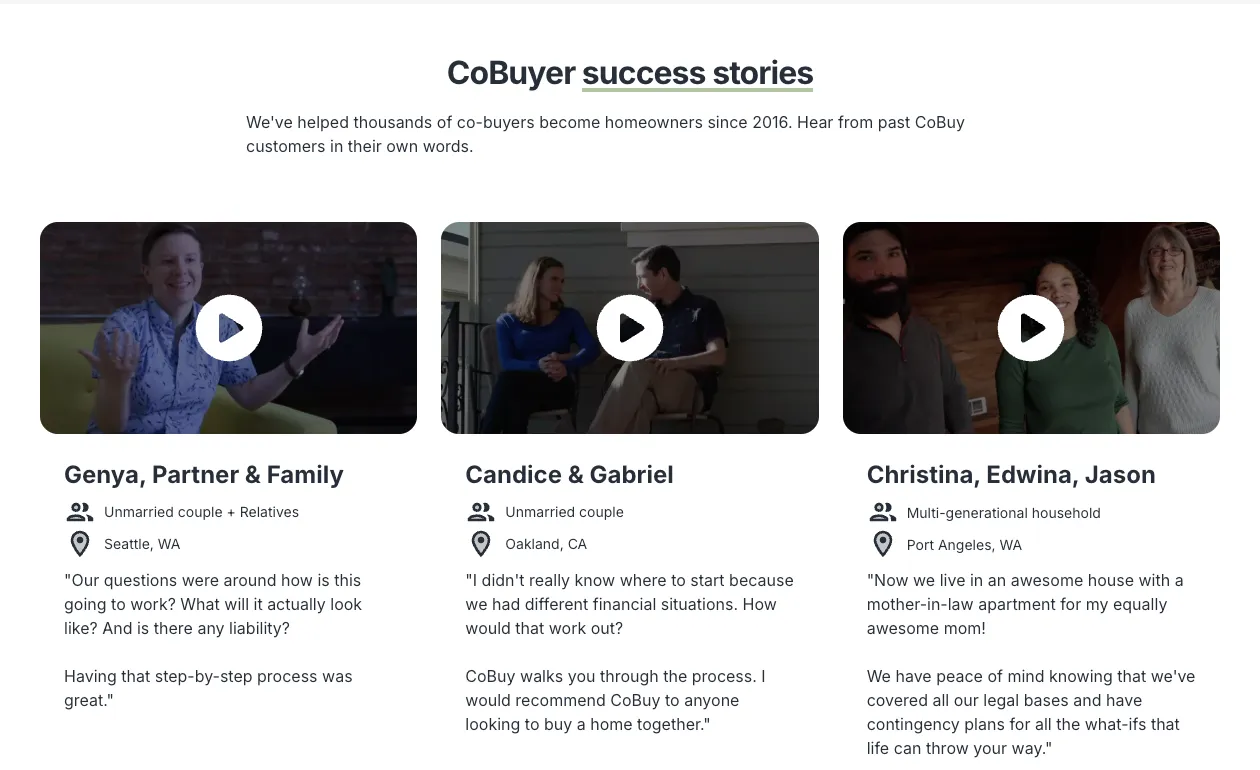 Three customer video stories, each with the people’s names, where they live and a quote