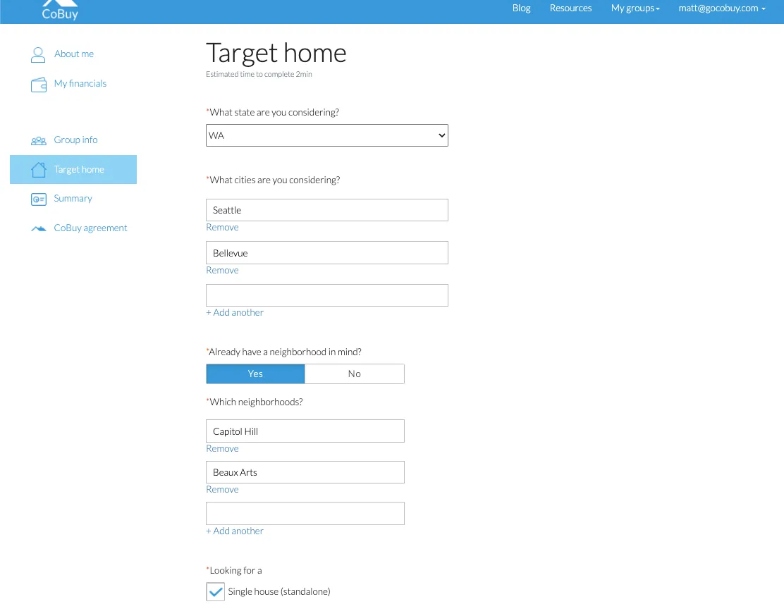 A form for the home a group wants, with states, cities, neighborhoods and home type